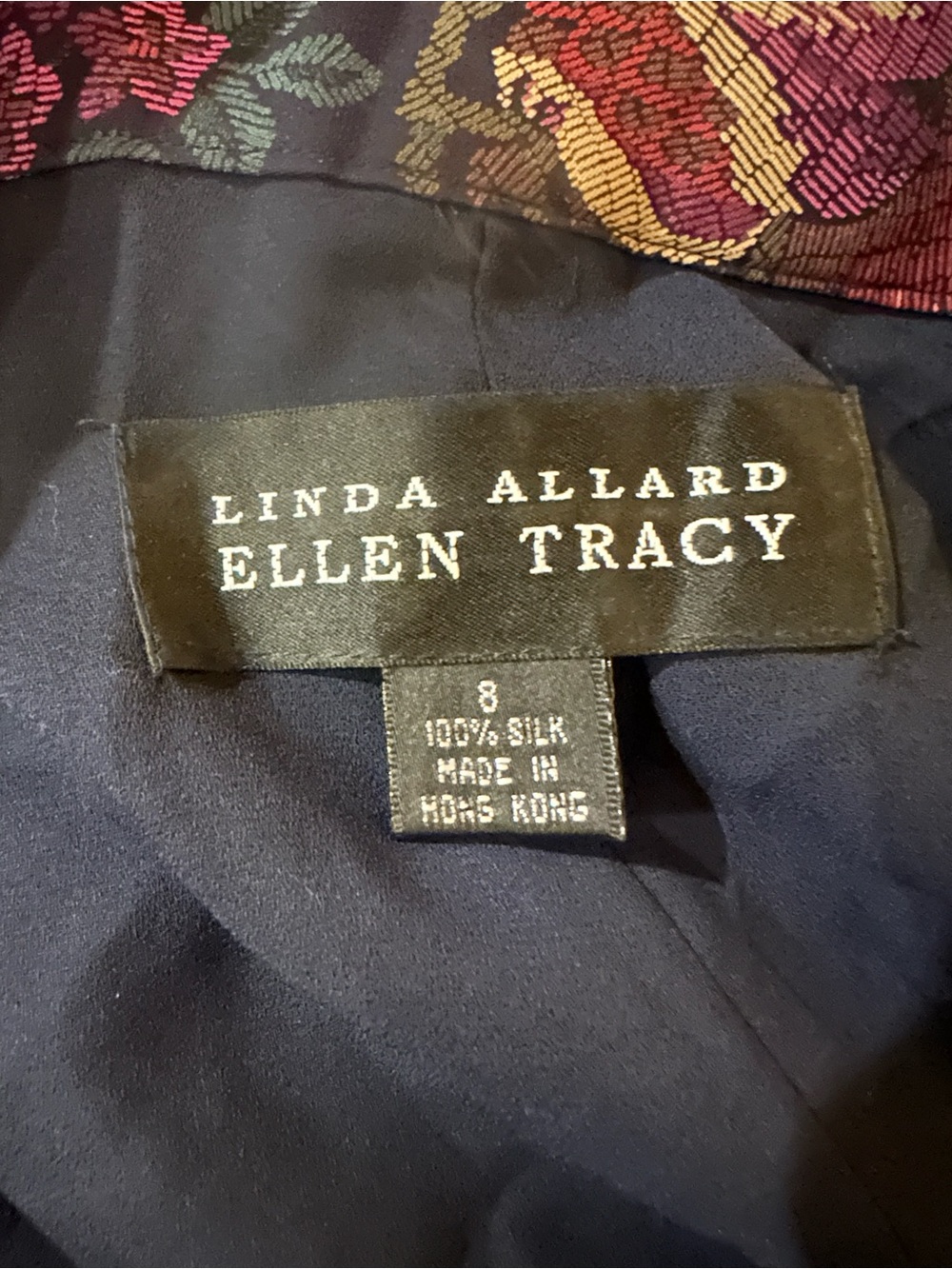 Ellen Tracy Navy Silk Dress with Rose-Patterned Yoke - Picture 4 of 4